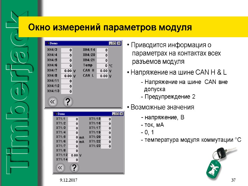 9.12.2017 37 Окно измерений параметров модуля  Приводится информация о    